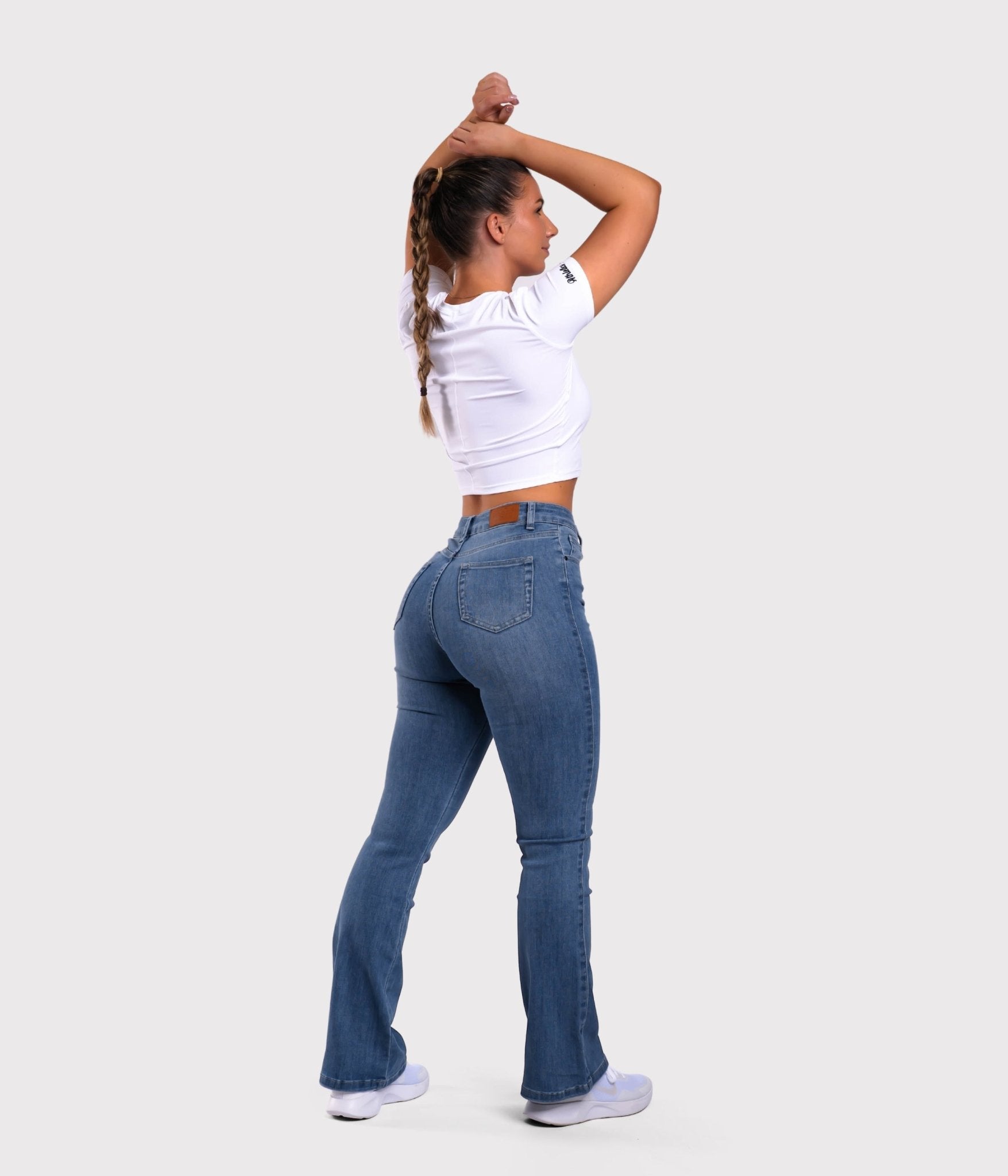 Dark Blue Flared Jeans - Peach Tights -