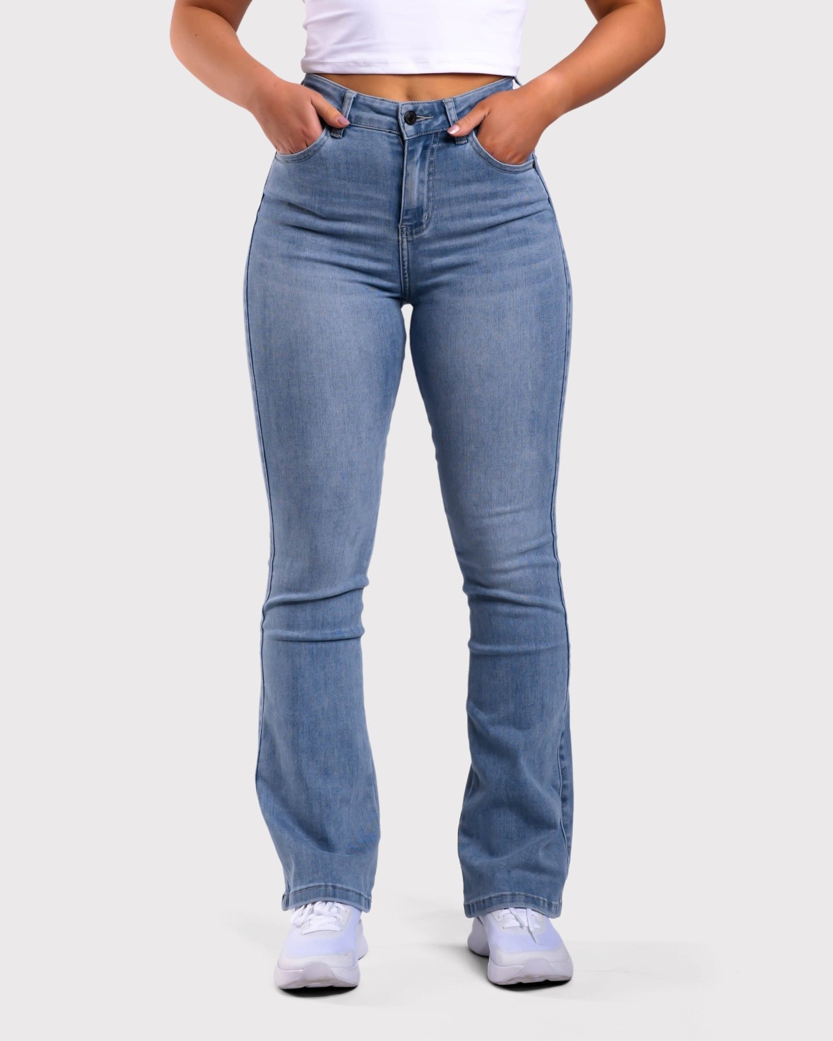 Light Blue Flared Jeans - Peach Tights -