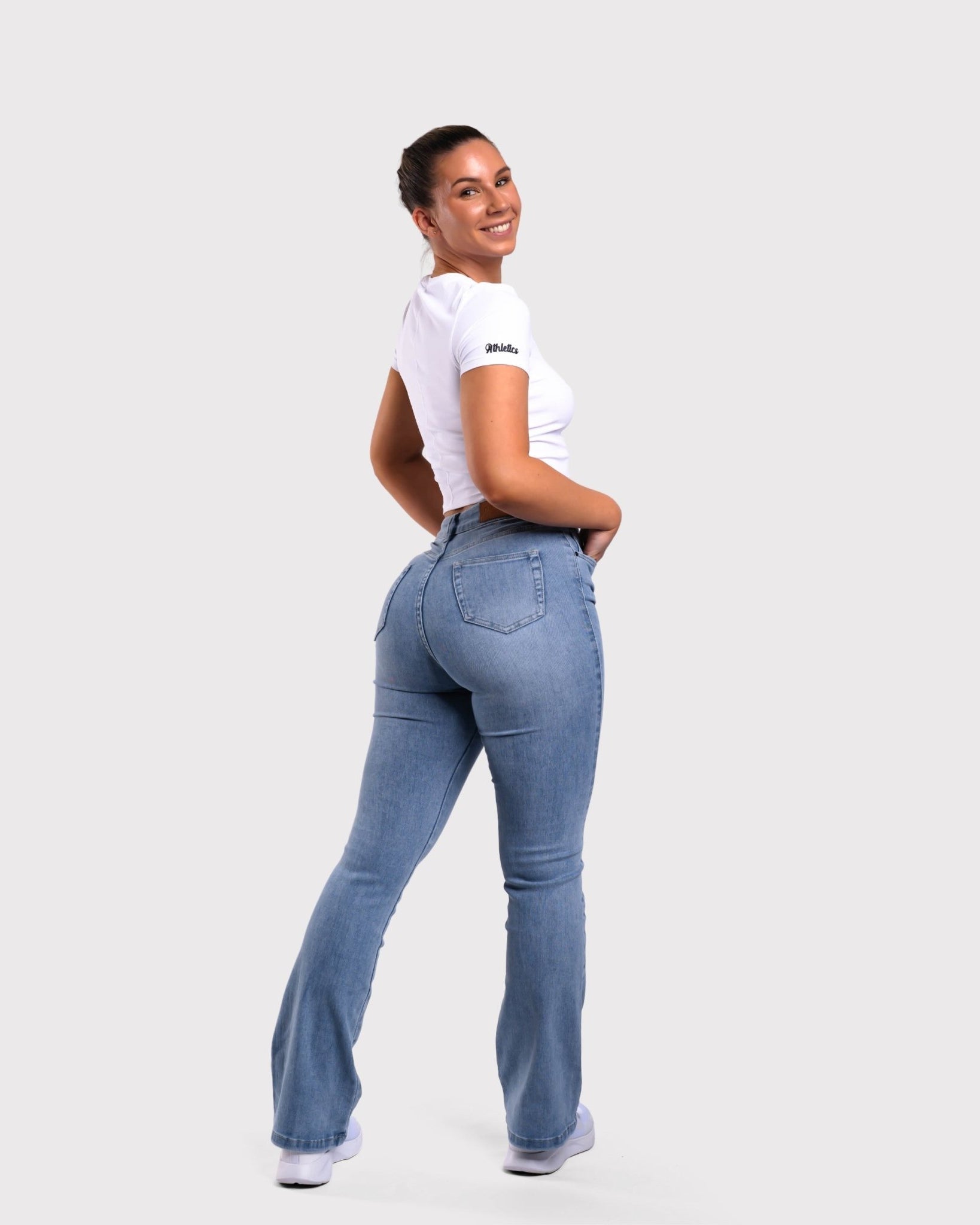 Light Blue Flared Jeans - Peach Tights -