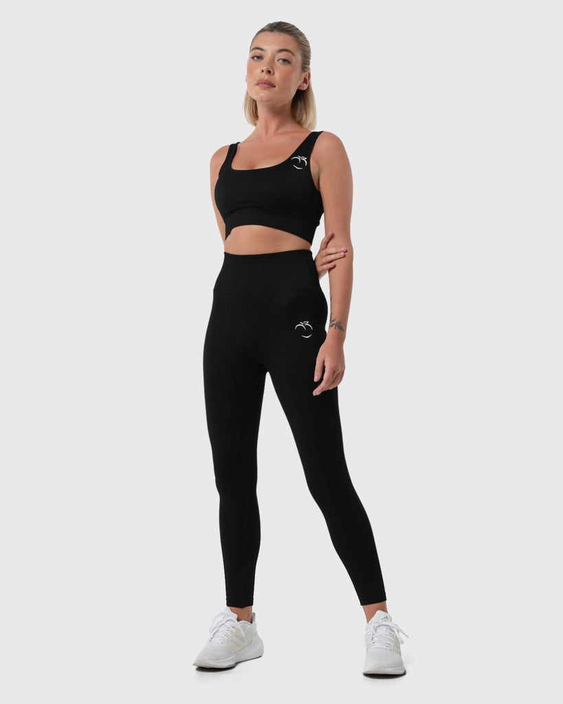 Black Ribbed Sports - Bra - Peach Tights - Sports - Bra