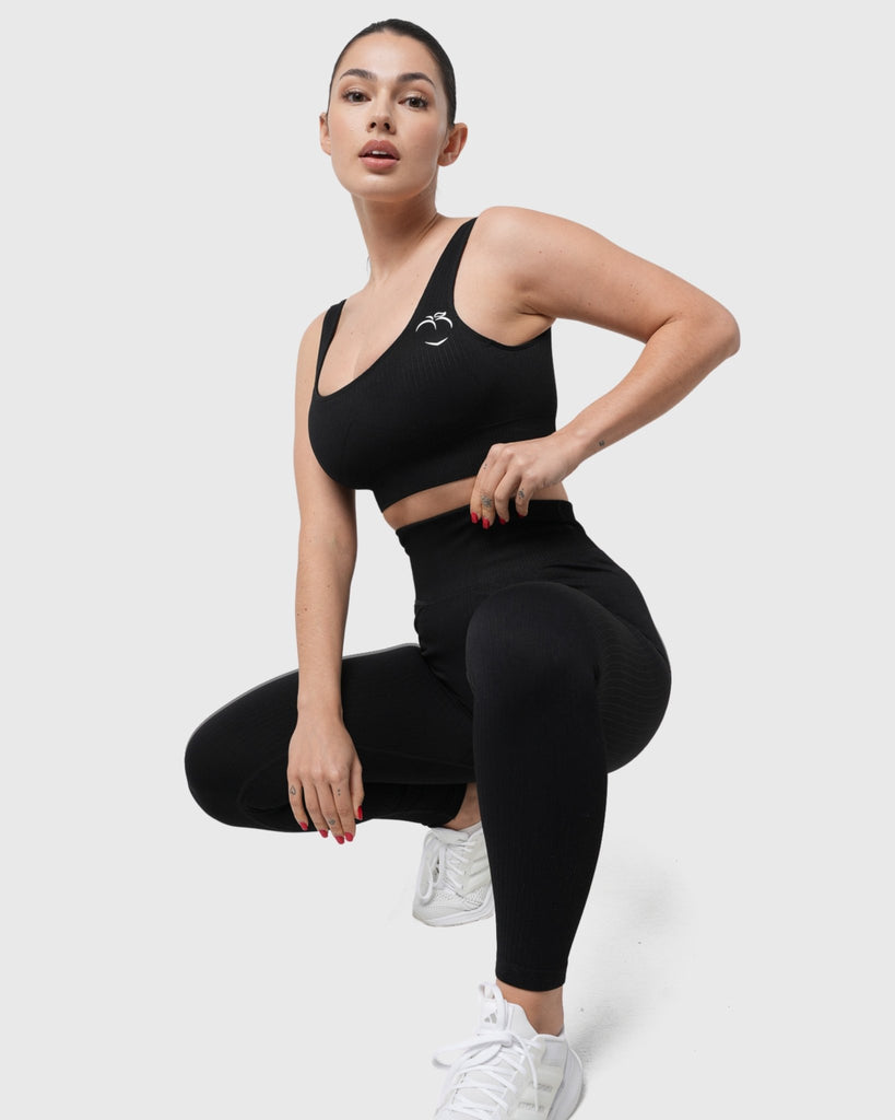 Black Ribbed Sports - Bra - Peach Tights - Sports - Bra