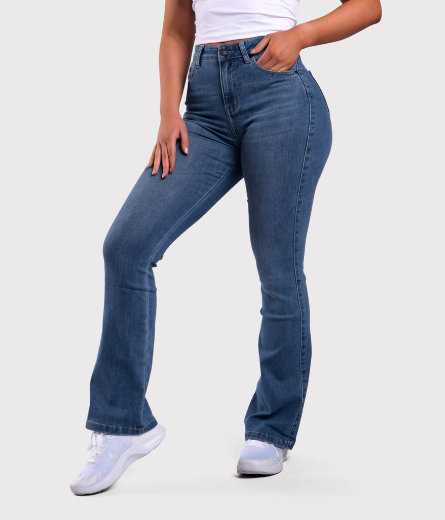 Dark Blue Flared Jeans - Peach Tights -