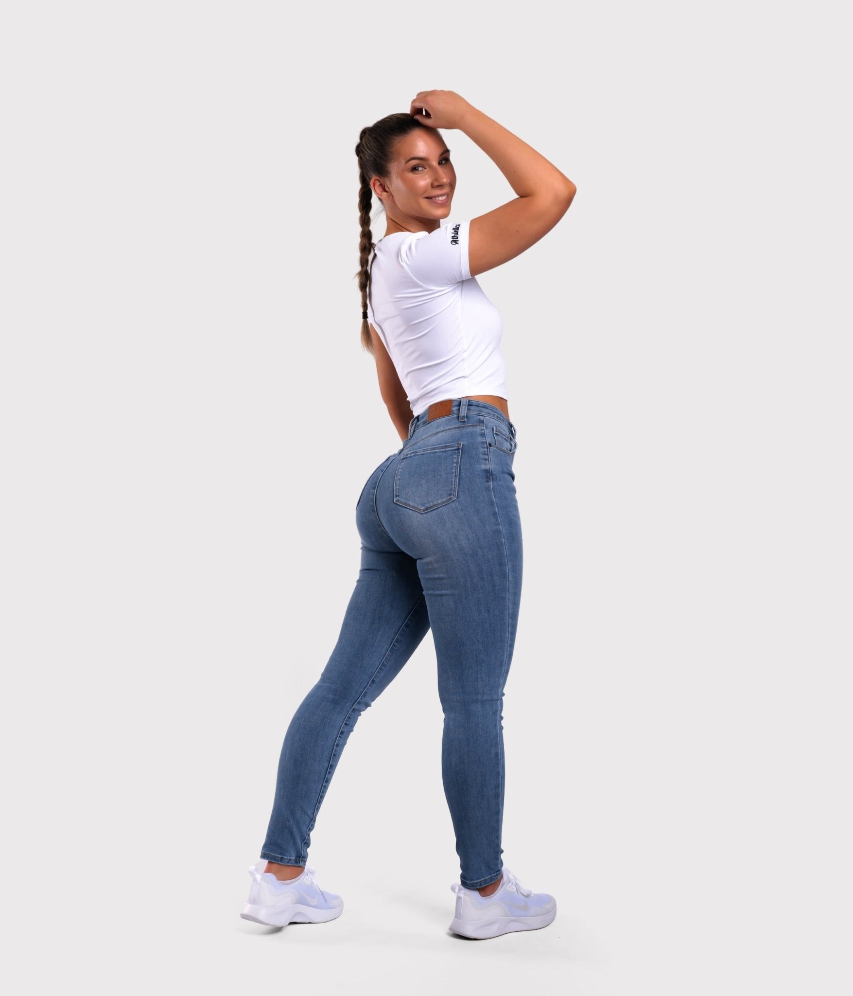 Dark Blue Skinny Jeans - Peach Tights -