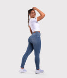 Dark Blue Skinny Jeans - Peach Tights -