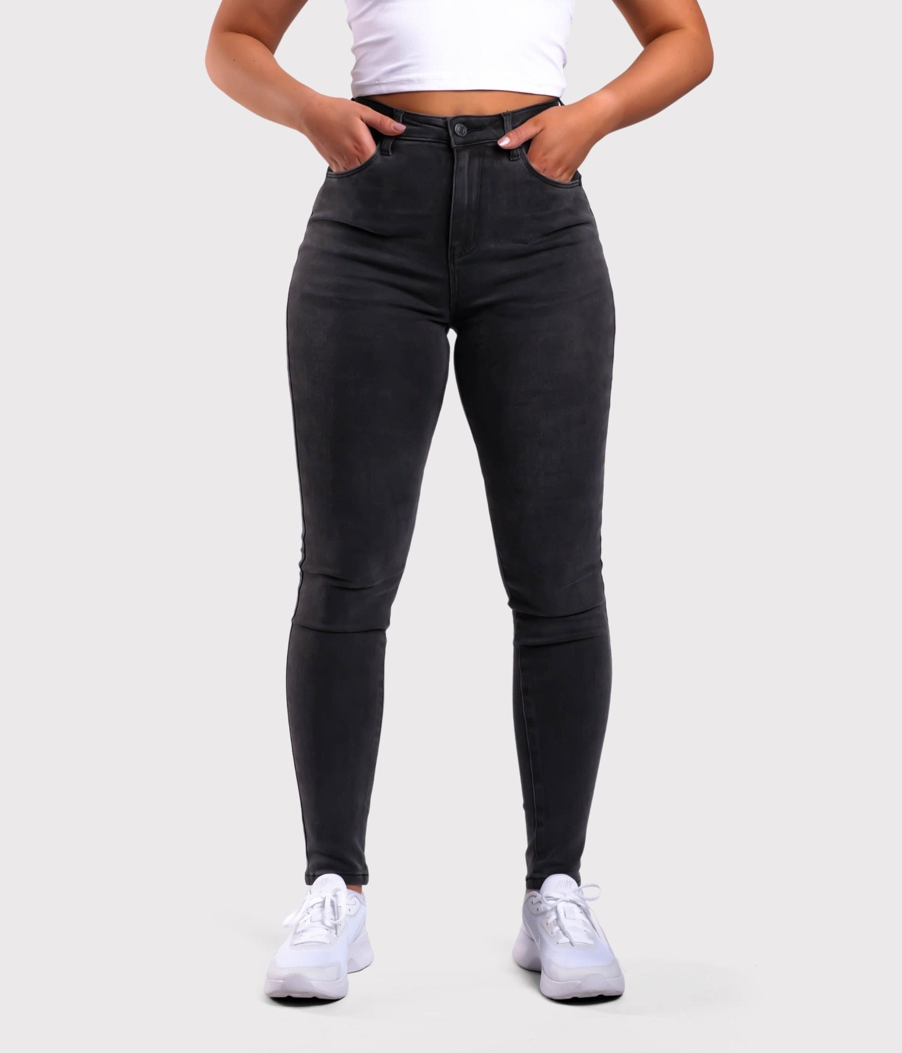 Dark Grey Skinny Jeans - Peach Tights -