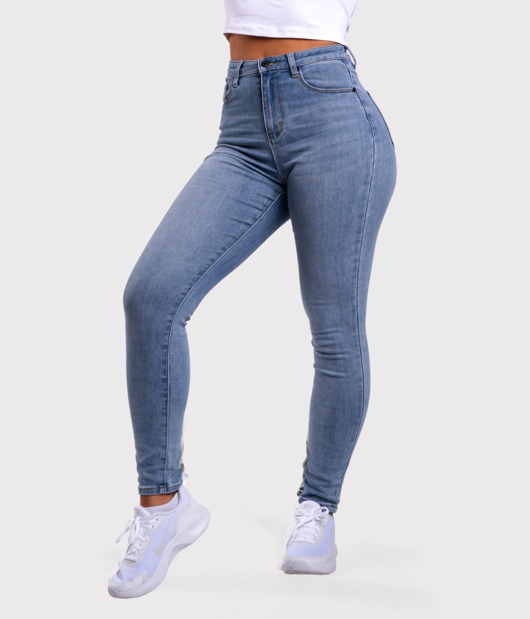 Light Blue Skinny Jeans - Peach Tights -